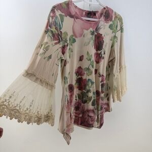 Origami Tunic Top Women Large Beige Pink Floral Lace Bell Sleeve Boho Cottage